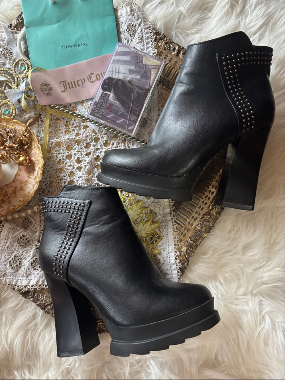 Bratz Chunky Black Stud High Heel Ankle Boots Moto Sexy Platform Biker 5.5 Lug